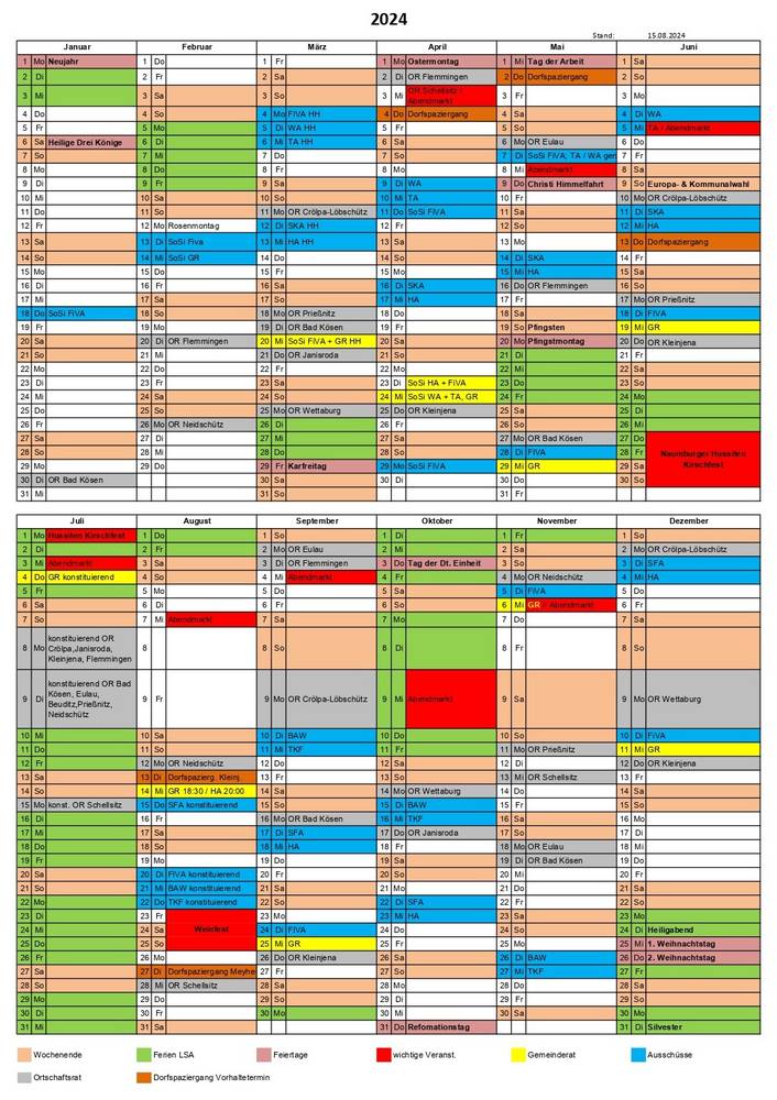 Sitzungskalender 2024 (Stand: August 2024) - zum Vergrößern anklicken ©Stadtverwaltung Naumburg (Saale)